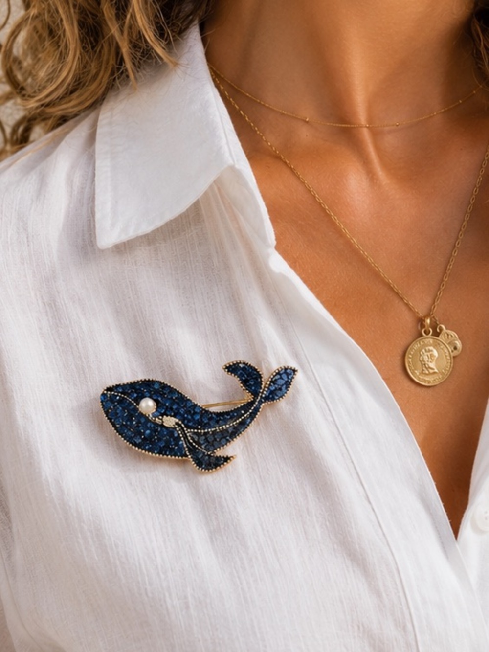 Gold Navy Whale Brooch Pin